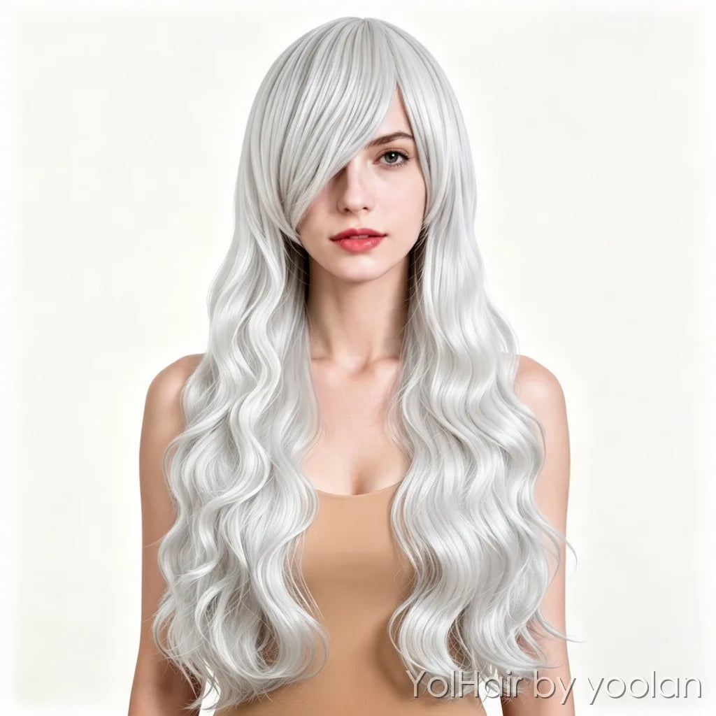 Long Curly Cosplay Wig with Side Bangs - High Temp Synthetic Hair, 16 Colors for Women Party Anime - white