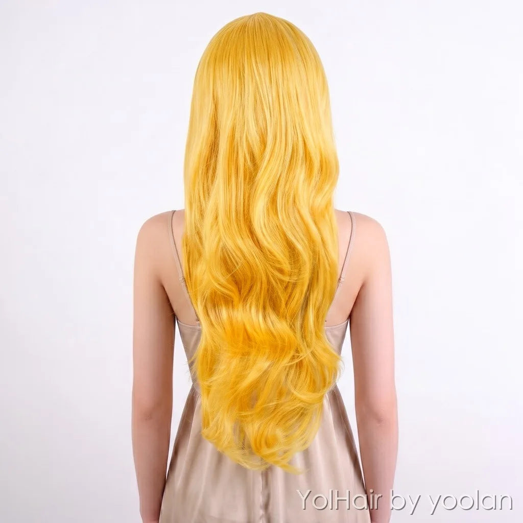 Golden Yellow Long Curly Wig 70cm Cosplay Party Wavy Synthetic Hair for Women - back after