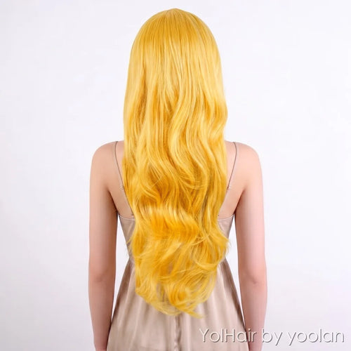Golden Yellow Long Curly Wig 70cm Cosplay Party Wavy Synthetic Hair for Women - back after