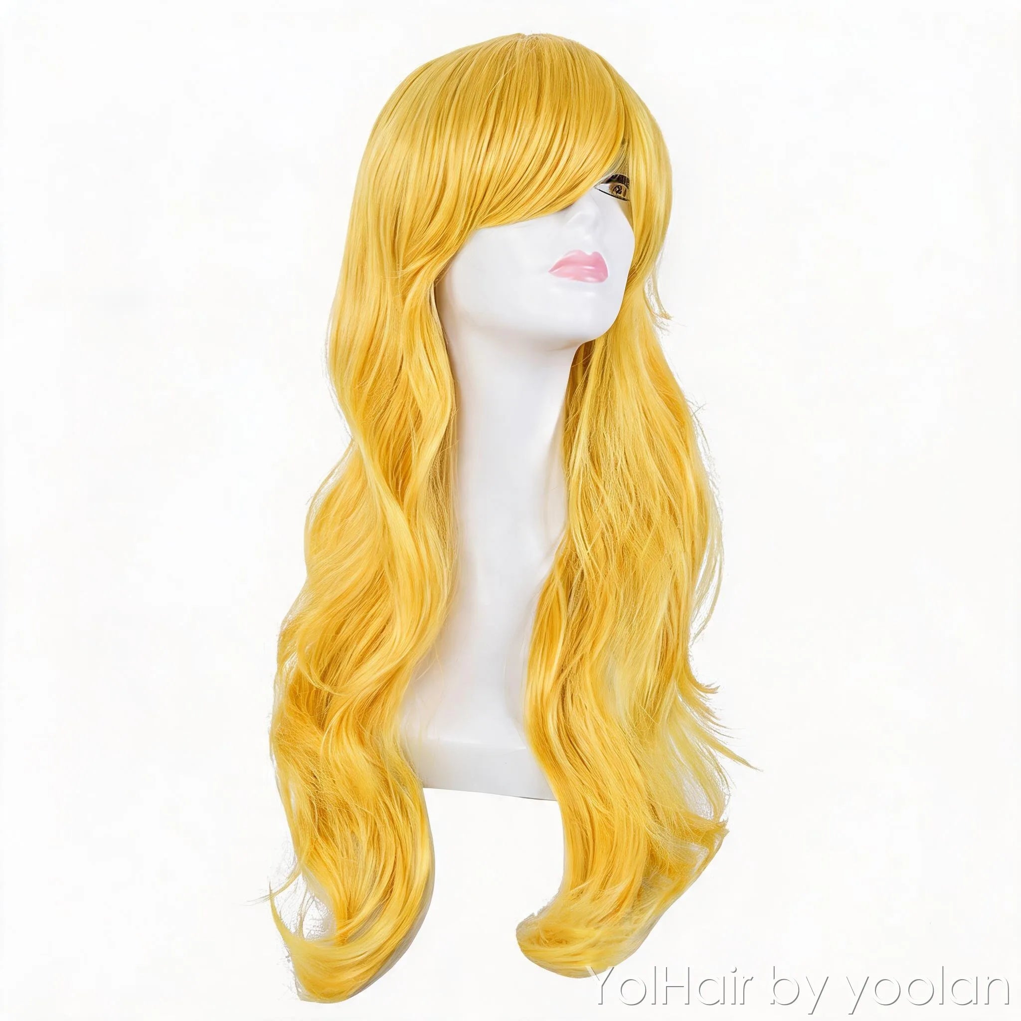 Golden Yellow Long Curly Wig 70cm Cosplay Party Wavy Synthetic Hair for Women - front before