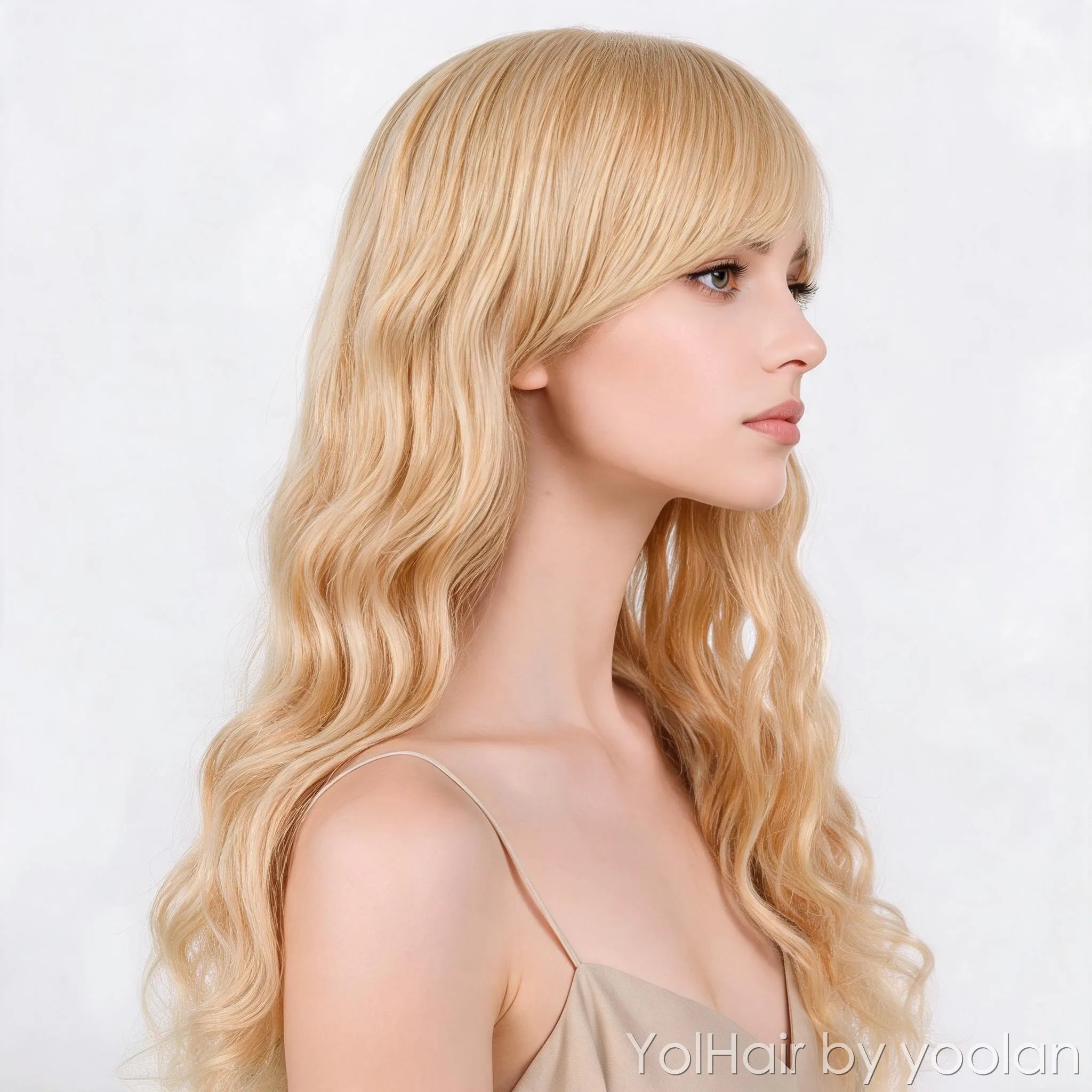 Long Curly Cosplay Wig with Side Bangs, High Temperature Fiber - Anime Costume Wig for Women - side after