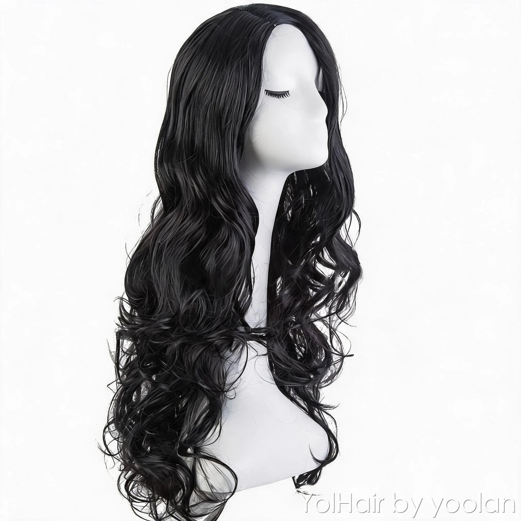 Long Curly Cosplay Wig for Women - High Temp Fiber, Center Part, No Bangs, Custom Color - side before