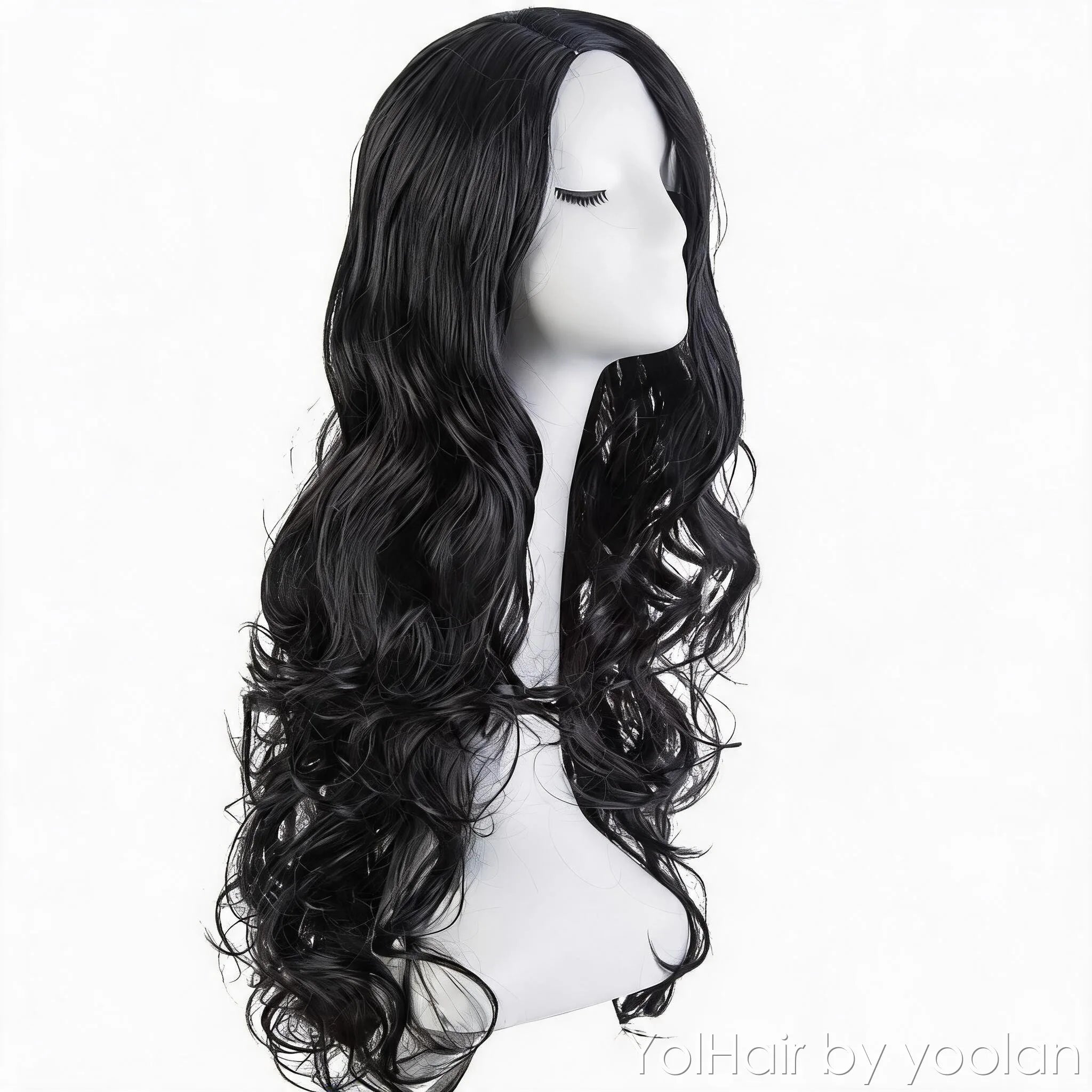 Long Curly Cosplay Wig for Women - High Temp Fiber, Center Part, No Bangs, Custom Color - side before