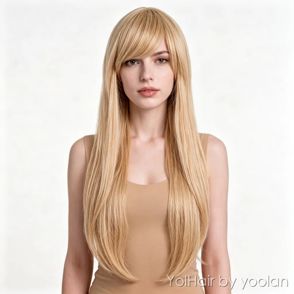 Long Straight Wig with Bangs Heat Resistant Fiber Natural Look for Women Cosplay Party - white