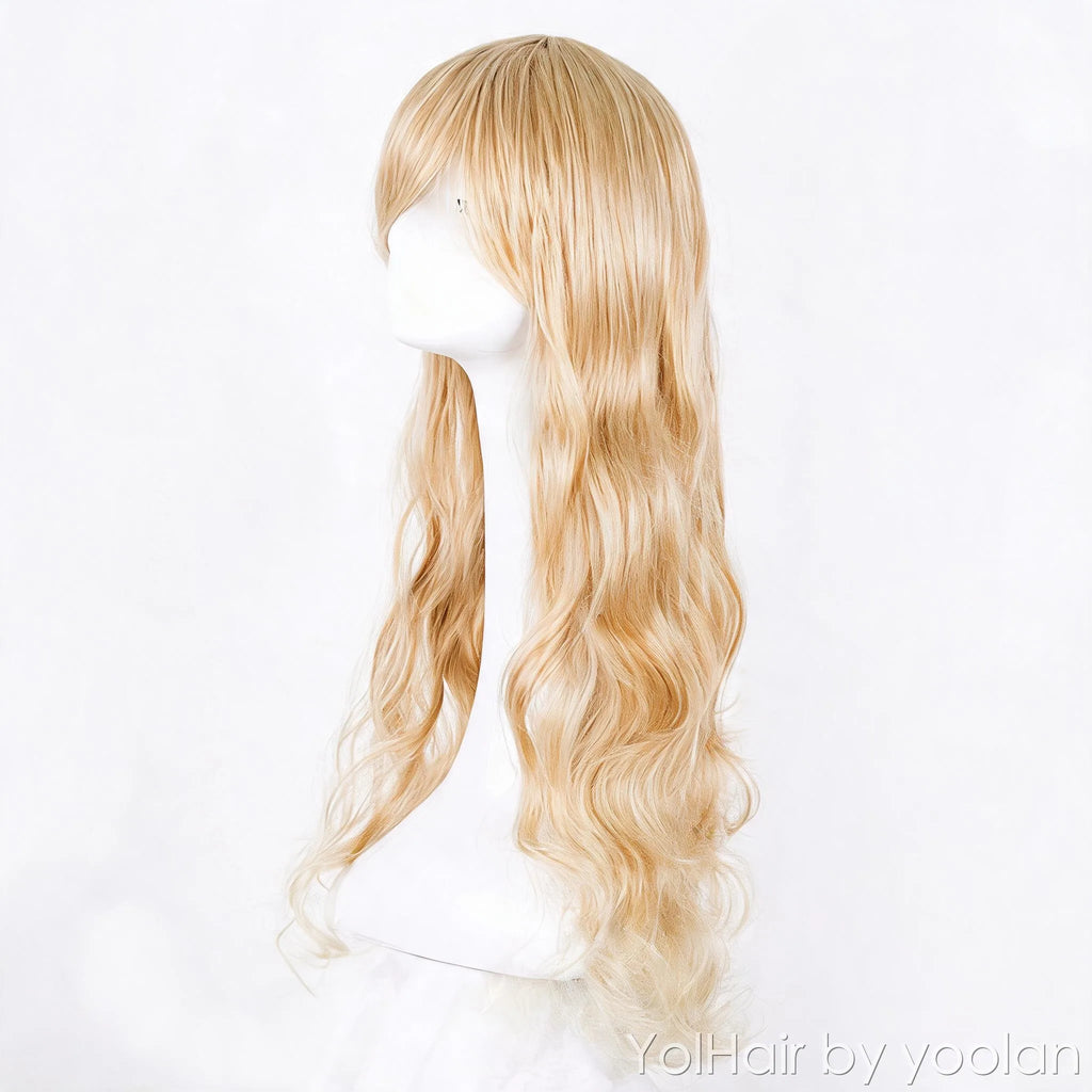 Long Curly Cosplay Wig with Side Bangs, High Temperature Fiber - Anime Costume Wig for Women - side before