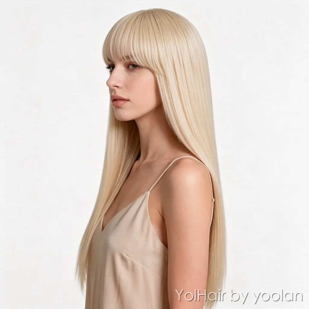 Long Straight Cosplay Wig with Adjustable Bangs - Heat Resistant Synthetic Fiber, Natural Look, Multiple Colors - side after
