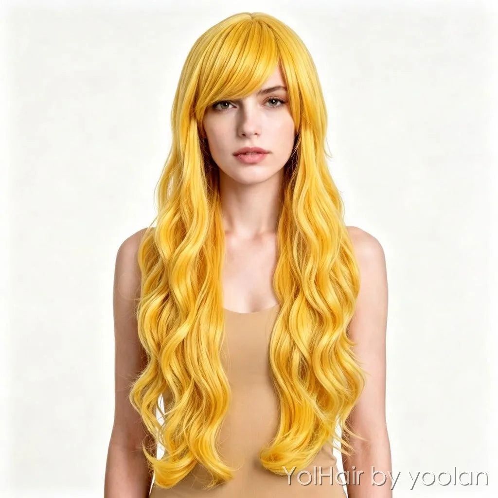 Golden Yellow Long Curly Wig 70cm Cosplay Party Wavy Synthetic Hair for Women - white