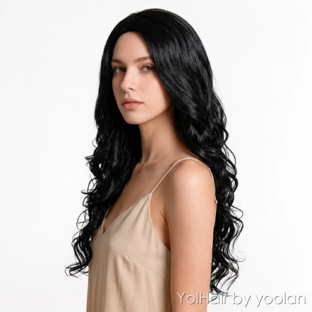 Long Curly Cosplay Wig for Women - High Temp Fiber, Center Part, No Bangs, Custom Color - side after