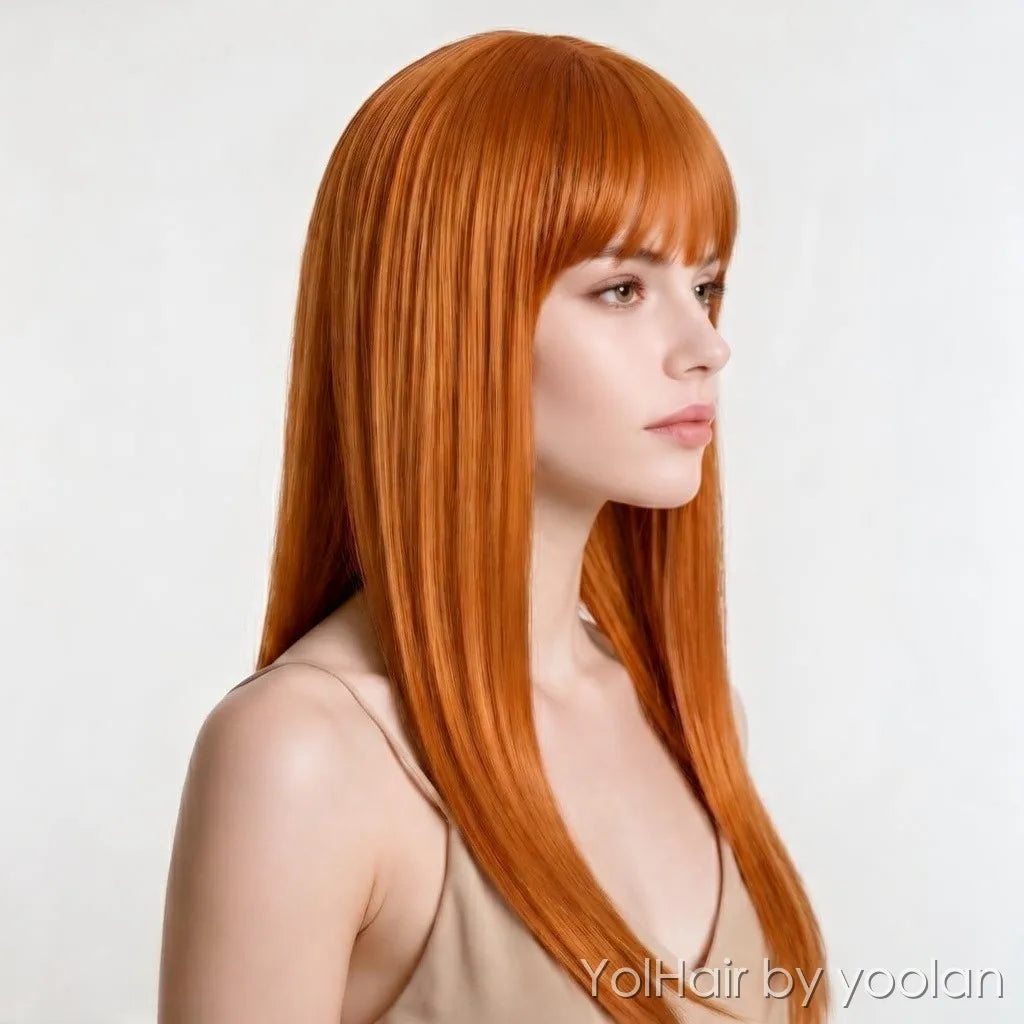 Long Straight Cosplay Wig with Bangs - Heat Resistant Synthetic Hair, Natural Look - 7 Colors - side after