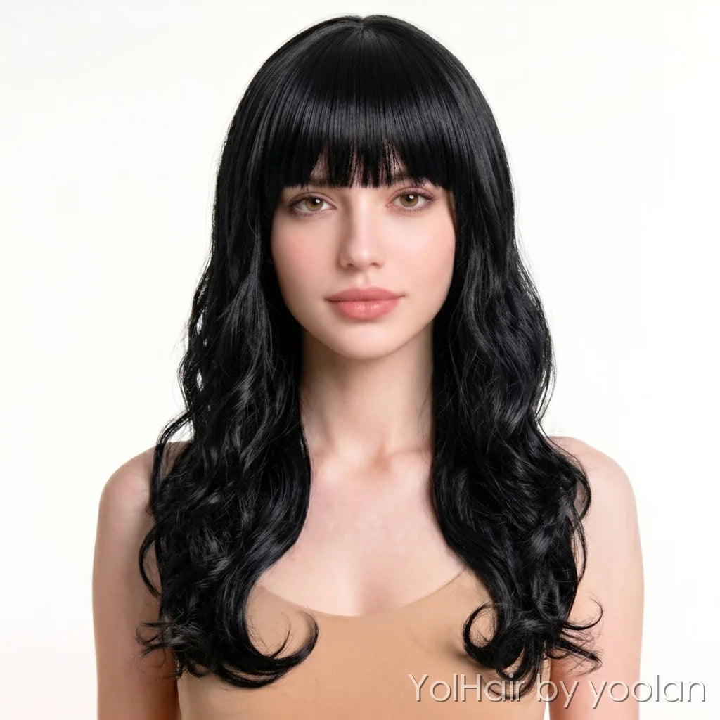 Long Curly Wig with Bangs Heat Resistant Fiber for Women Daily Party Use 3 Colors - white