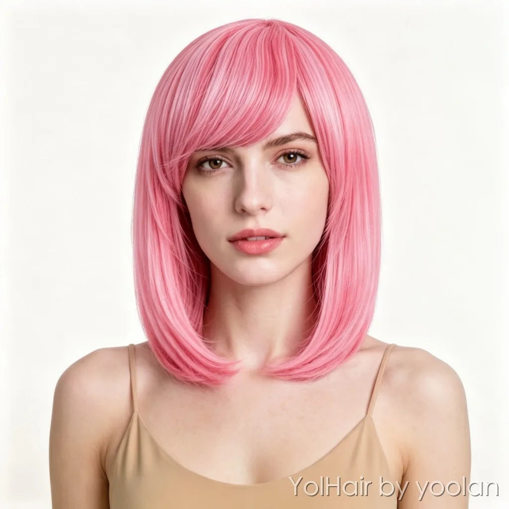 Short Bob Cosplay Wig Pink Middle Part High Temperature Fiber Synthetic Hair for Women - white