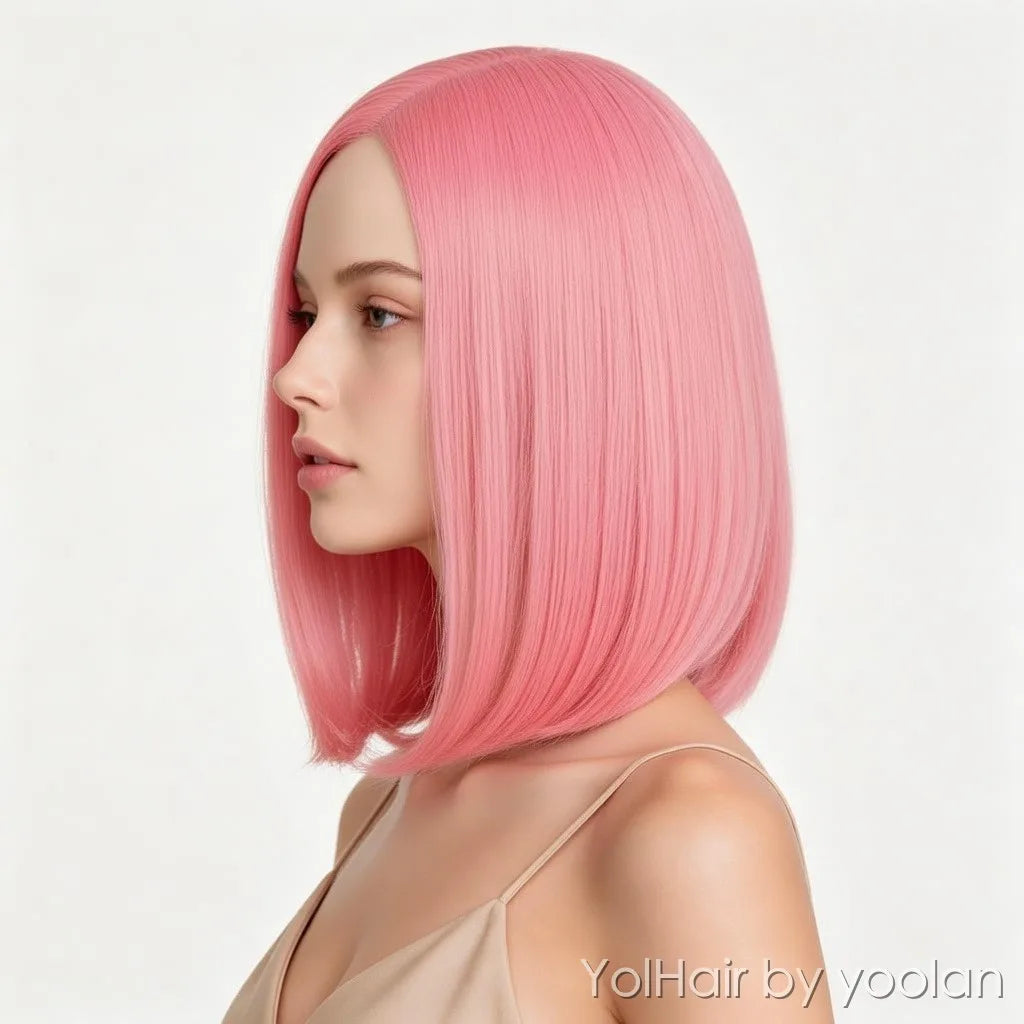 Short Bob Cosplay Wig Pink Middle Part High Temperature Fiber Synthetic Hair for Women - side after