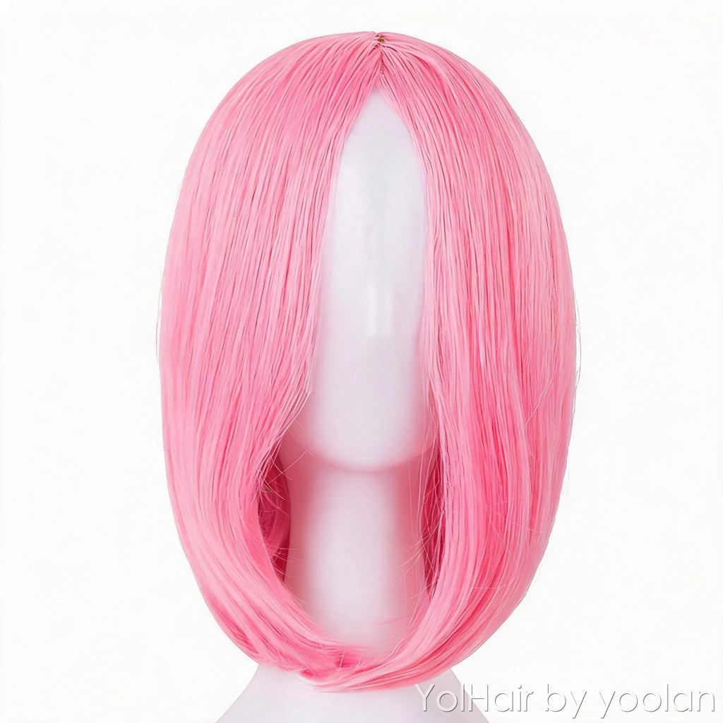 Short Bob Cosplay Wig Pink Middle Part High Temperature Fiber Synthetic Hair for Women - front before