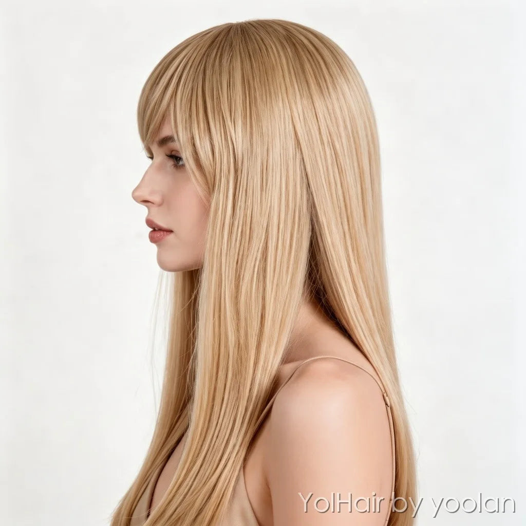 Long Straight Wig with Bangs Heat Resistant Fiber Natural Look for Women Cosplay Party - side after
