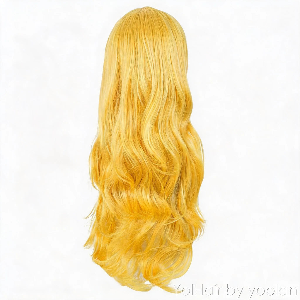 Golden Yellow Long Curly Wig 70cm Cosplay Party Wavy Synthetic Hair for Women - back before