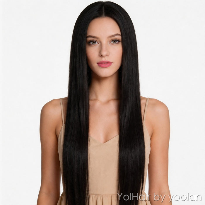 Long straight black synthetic cosplay wig