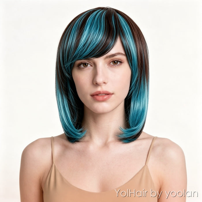 Two-tone blue and black bob wig
